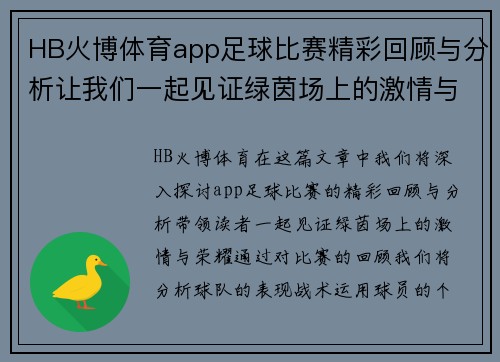 HB火博体育app足球比赛精彩回顾与分析让我们一起见证绿茵场上的激情与荣耀