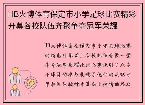 HB火博体育保定市小学足球比赛精彩开幕各校队伍齐聚争夺冠军荣耀