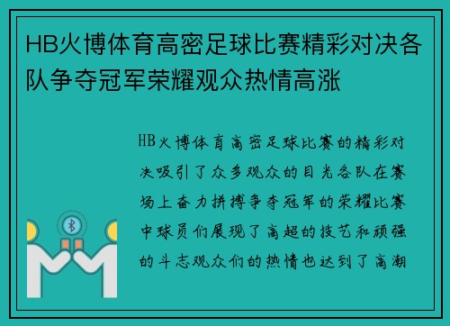 HB火博体育高密足球比赛精彩对决各队争夺冠军荣耀观众热情高涨
