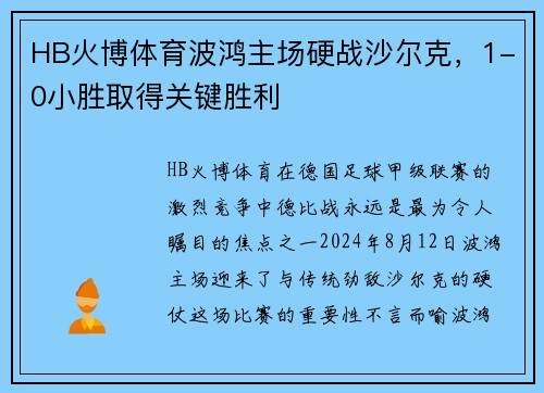 HB火博体育波鸿主场硬战沙尔克，1-0小胜取得关键胜利