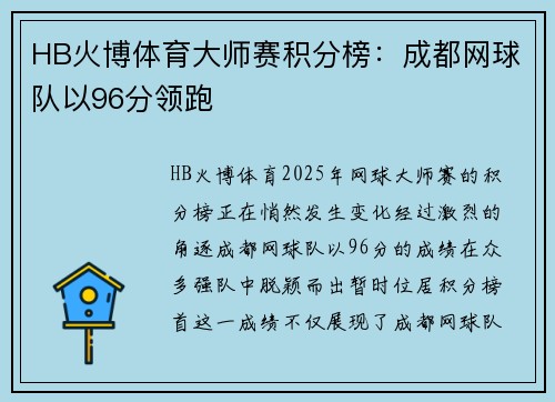 HB火博体育大师赛积分榜：成都网球队以96分领跑